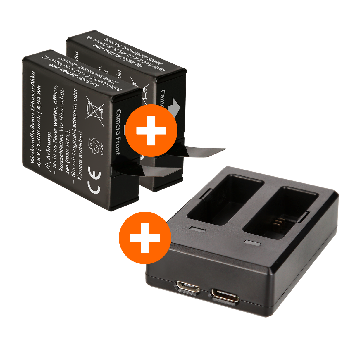 Bundle 2x Akku + 1x Dual Charger für die action one / action one light